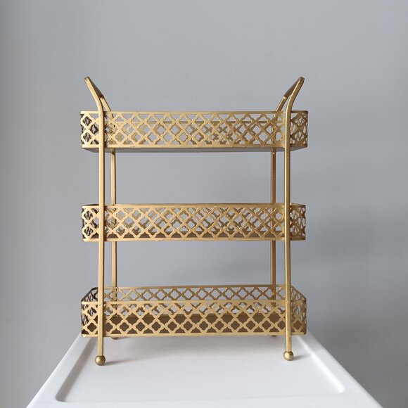 Gold-toned Metal Three Tiered Decorative Organization Tray 13" Tall - Picture 10 of 10